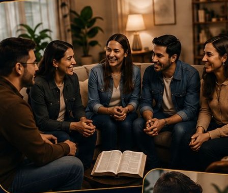 Grupo Sincronia compartiendo la Palabra con una Biblia abierta