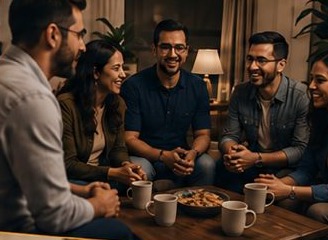 Grupo Sincronia conversando alrededor de una mesa con cafe